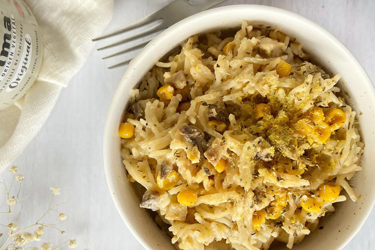 Pasta cremosa con champiñones y maíz con queso crema de almendras Krima - Krima